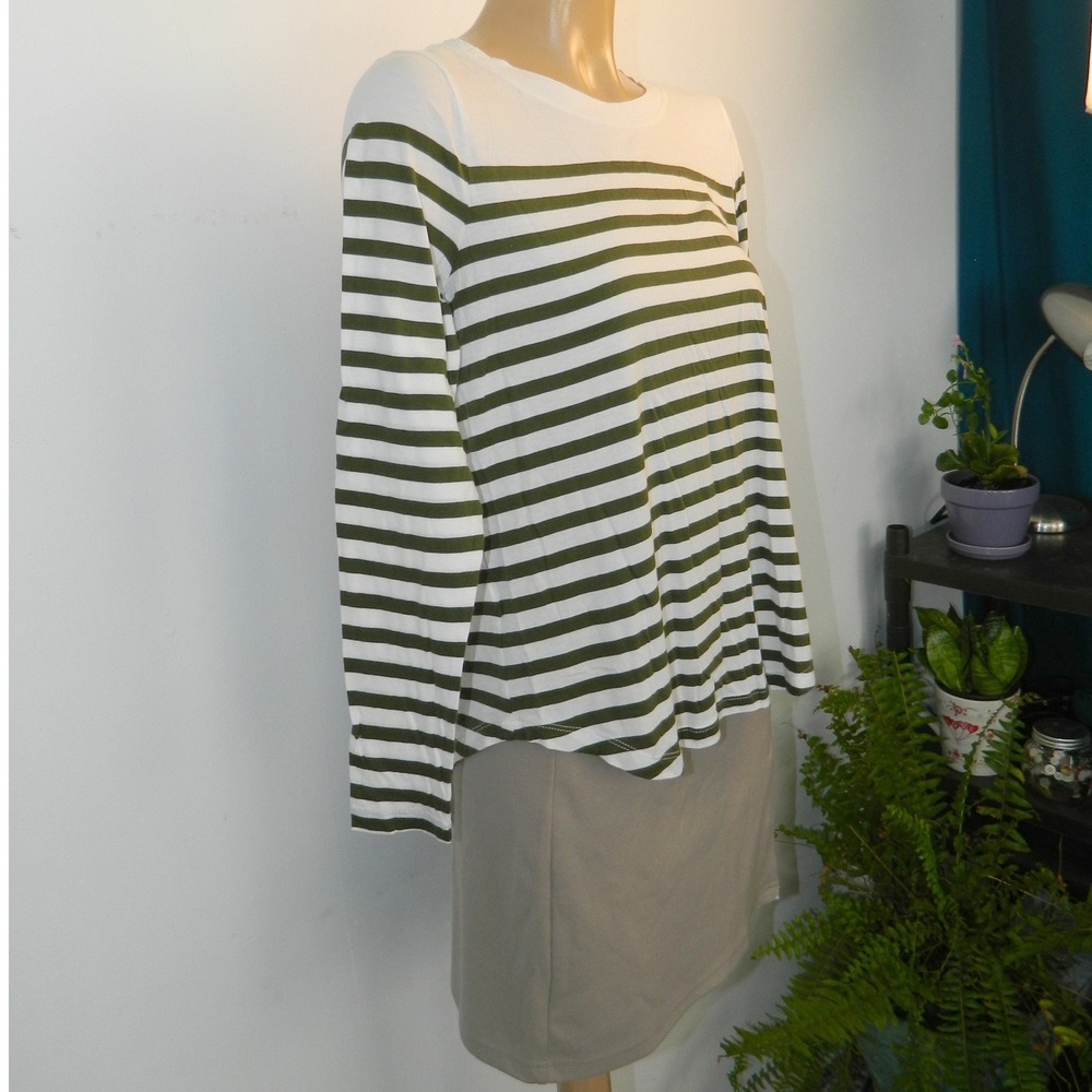 LOFT Striped Tee Women Small White Green Long Sleeve Curved Hem Casual Top